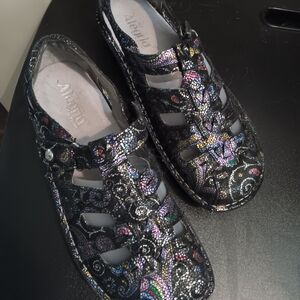 Alegria Women's Black Sandals with Colorful Pattern